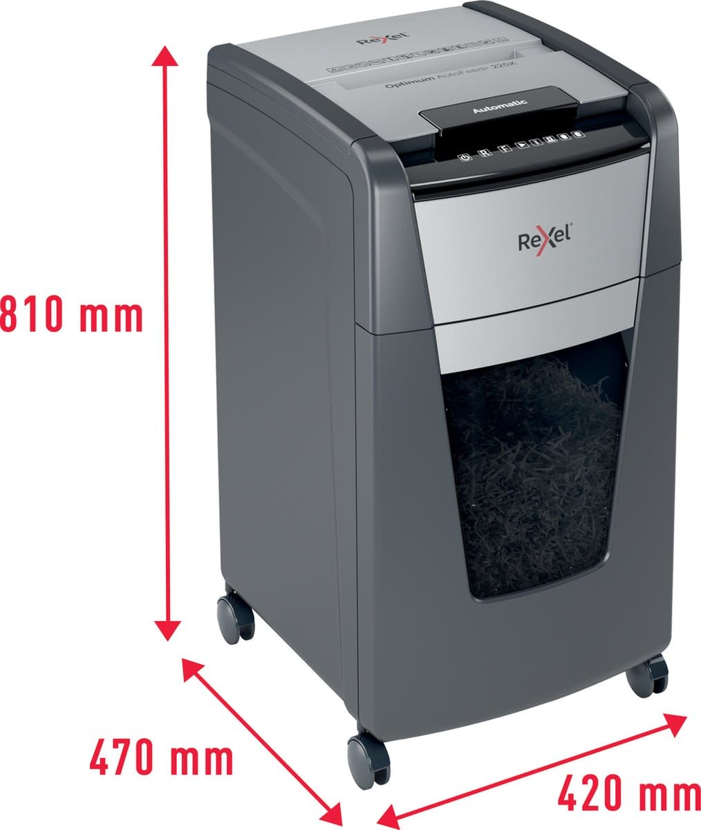 Rexel Optimum AutoFeed+ 225X Fluisterstille Papierversnipperaar - P4 Snippers - Automatische Invoer Tot 225 Vel - 60L - Zwart thumbnail 4