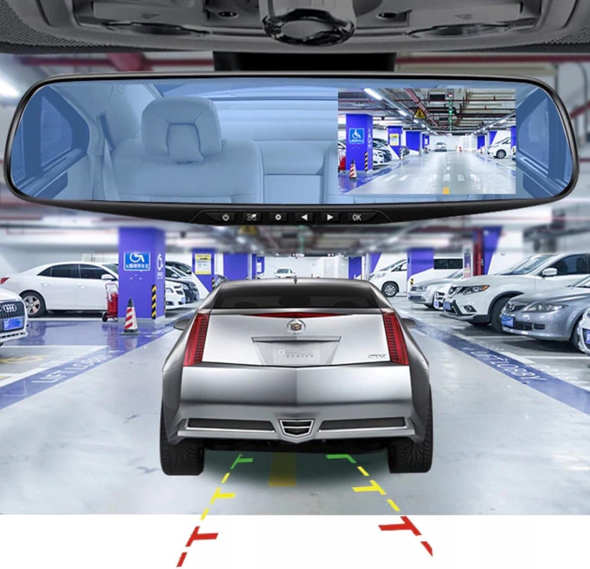 Full HD autospiegeldashcam met achteruitrijcamera met nachtzicht, loop-opname en 4,3-inch display, 170° voor / 120° achter, 1080P dubbele autocamera, parkeermonitor, achteruitrijmonitorsysteem thumbnail 4