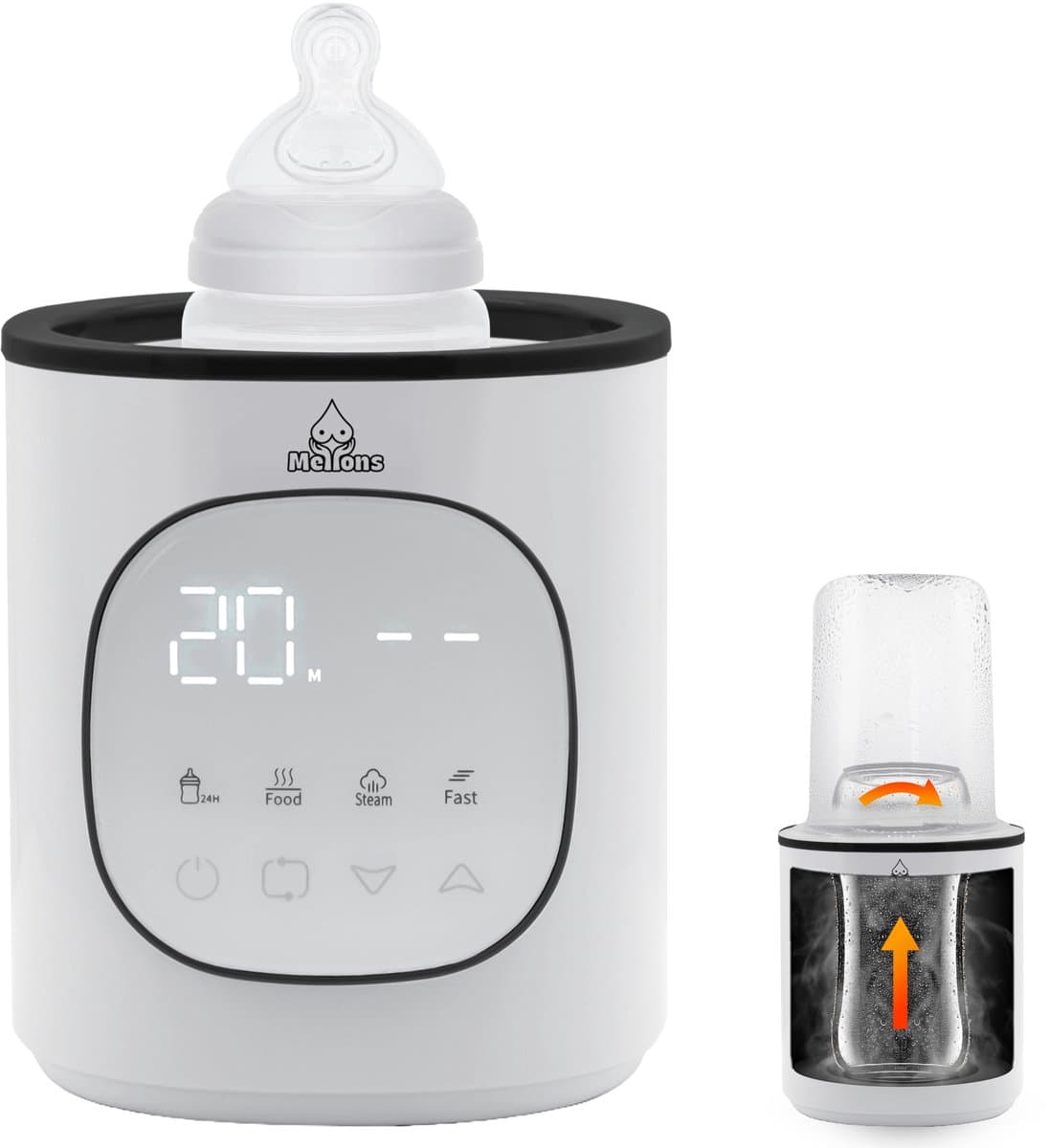 Mellons Flessenwarmer - Fles verwarmer 37°C tot 80°C - Baby bottle warmer - Babyvoeding - Opwarmen, warmhouden, ontdooien en steriliseren - Flessen sterilisator - Calora - Wit