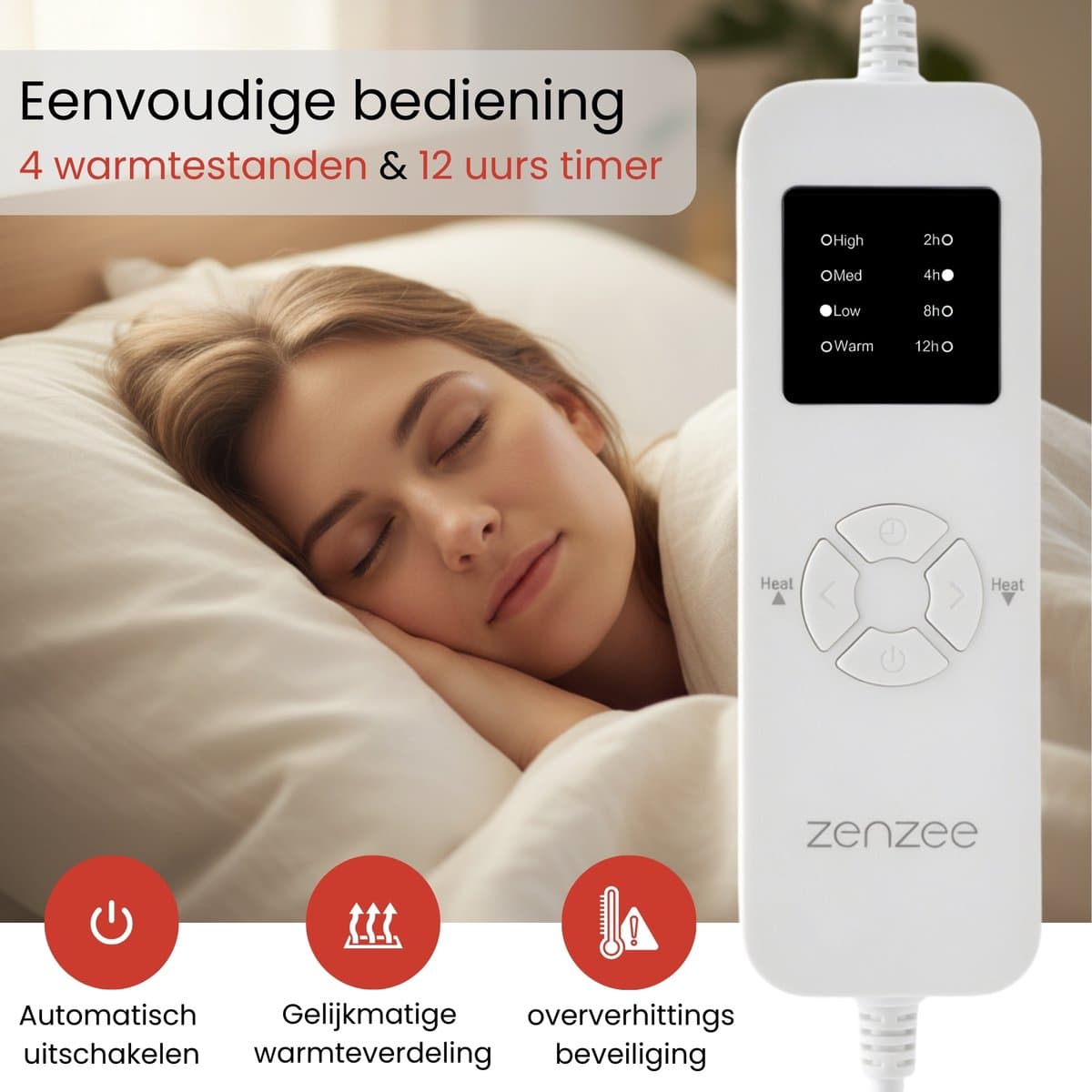 Zenzee Elektrische deken - 190x80 cm - Elektrische onderdeken - Warmte deken - 4 warmtestanden - 12 uurs timer - Incl. matrasbanden - XL formaat thumbnail 2