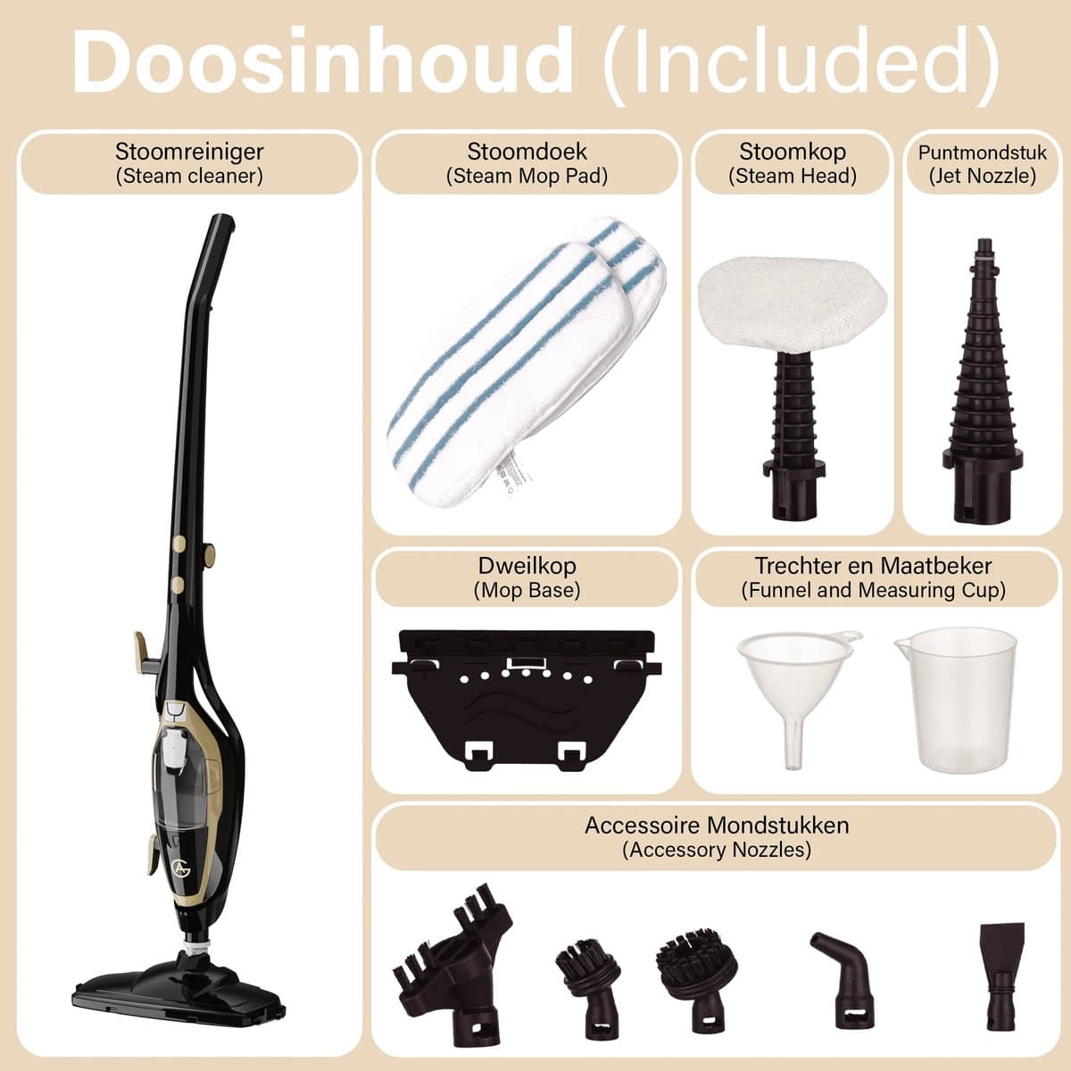 AG Stoomreiniger – 10-in-1 Steam Cleaner – Handstomer – Kledingstomer – Handstoomreiniger – Dieptereiniging voor Vloeren, Badkamer, Tegels, Ramen & Textiel – Vlekkenreiniger – 1500W – 115°C – Inclusief 13 Accessoires – Black Gold Edition thumbnail 7