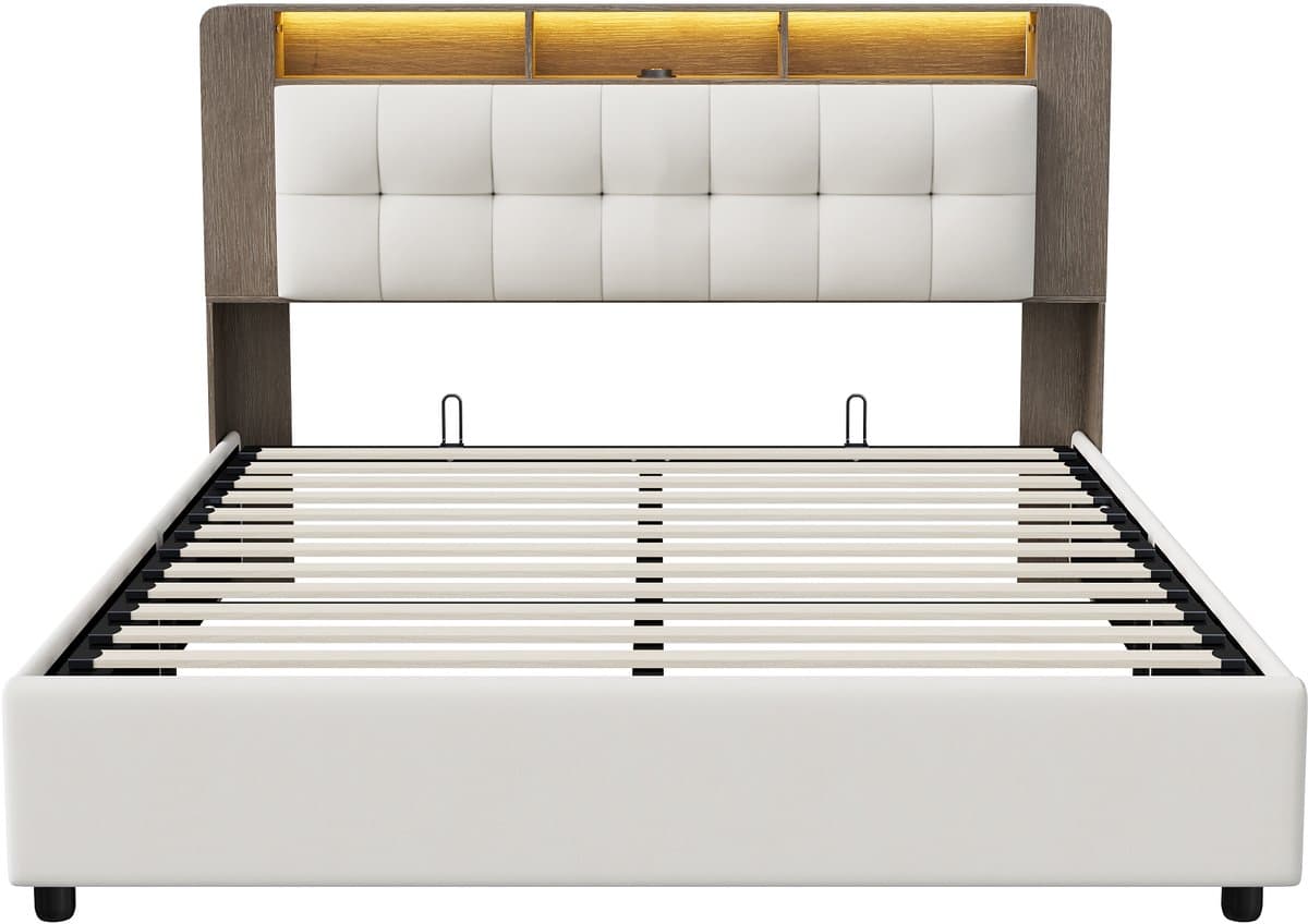 Opbergbed 160x200 cm – Beige fluwelen tweepersoonsbed – Gaslift opslag, hoofdbord-opbergruimte, LED-sfeerverlichting & draadloos opladen thumbnail 3