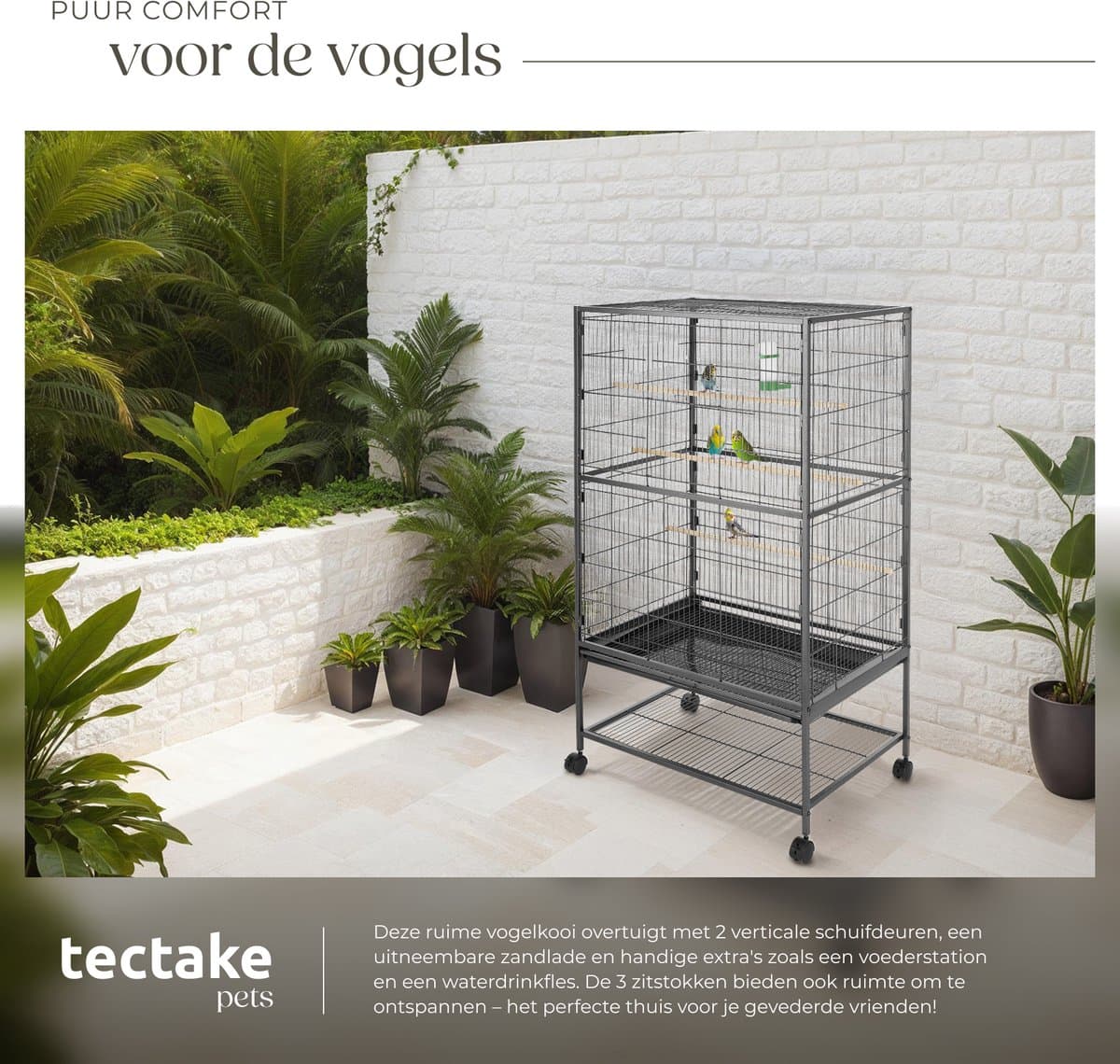 tectake® Vogelkooi - 78 x 52 x 131 cm - Vogelkooien voor Binnen - Met Standaard op Wielen - Voor Vogels, Parkiet, Kanarie - Volière met 3 Zitstokken, Zandlade en Waterbak thumbnail 3