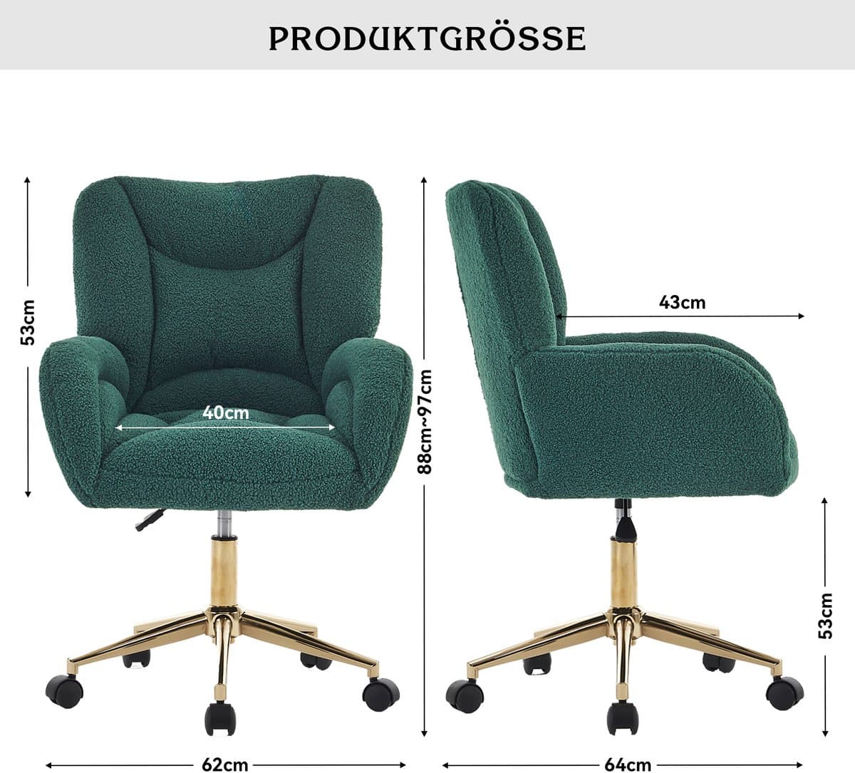 STILVORA Bureaustoel – Draaibare Kantoorstoel – Hoogteverstelbaar Met Gouden Poten – Ergonomische Comfortabele Zitting Voor Home-Office En Thuiswerk – Teddy Stof – Groen thumbnail 3