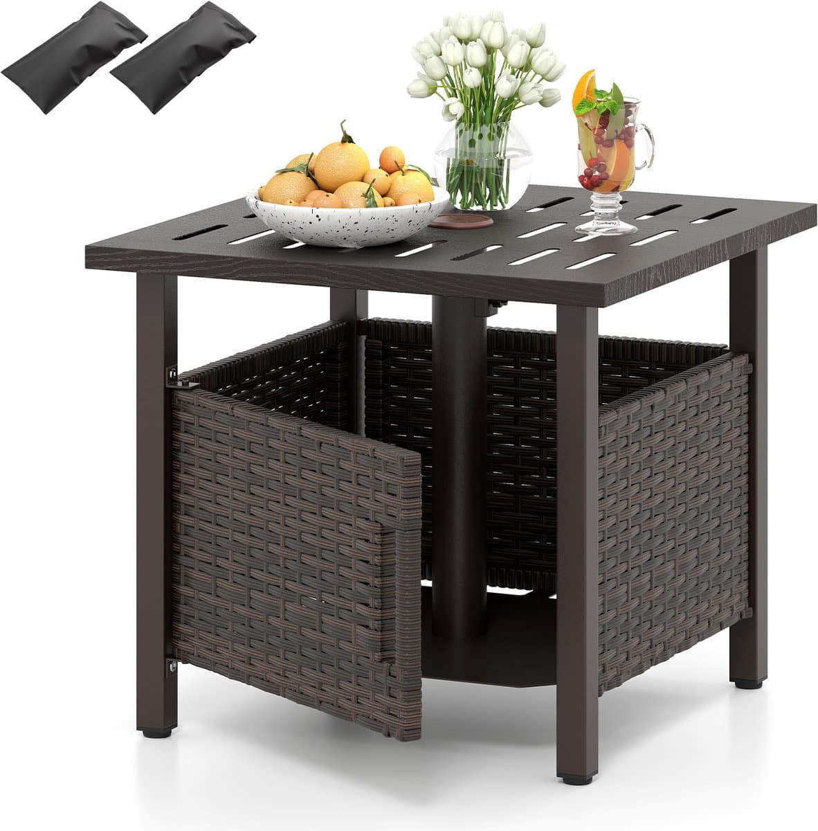 COSTWAY Bijzettafel voor buiten, weerbestendig, rotan tuintafel met paraplugat, kleine balkontafel, koffietafel voor tuin, balkon, terras, 55,5 x 55,5 x 47,5 cm
