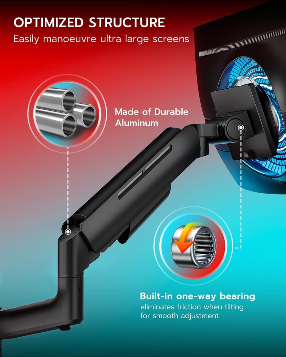 Dubbele Verticaal Monitor Arm voor 17-49 Inch Ultrawide Schermen - Zware Duty Monitorstandaard met USB en Gasveer thumbnail 4