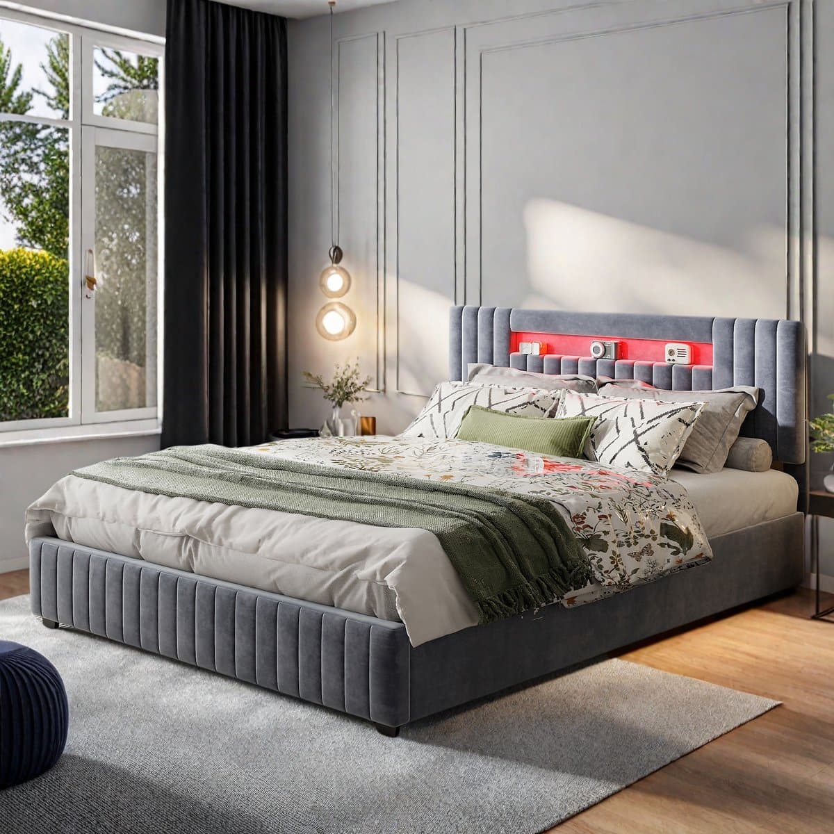 Opbergbed 160x200 cm Grijs Fluweel – Tweepersoons met LED Hoofdbord en Opbergvak thumbnail 8