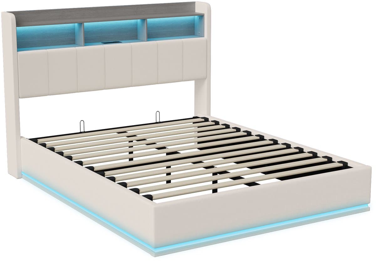 Hydraulisch Tweepersoons Opbergbed 160x200 cm Wit Fluweel met LED, USB en Bedhoofdopslag thumbnail 8
