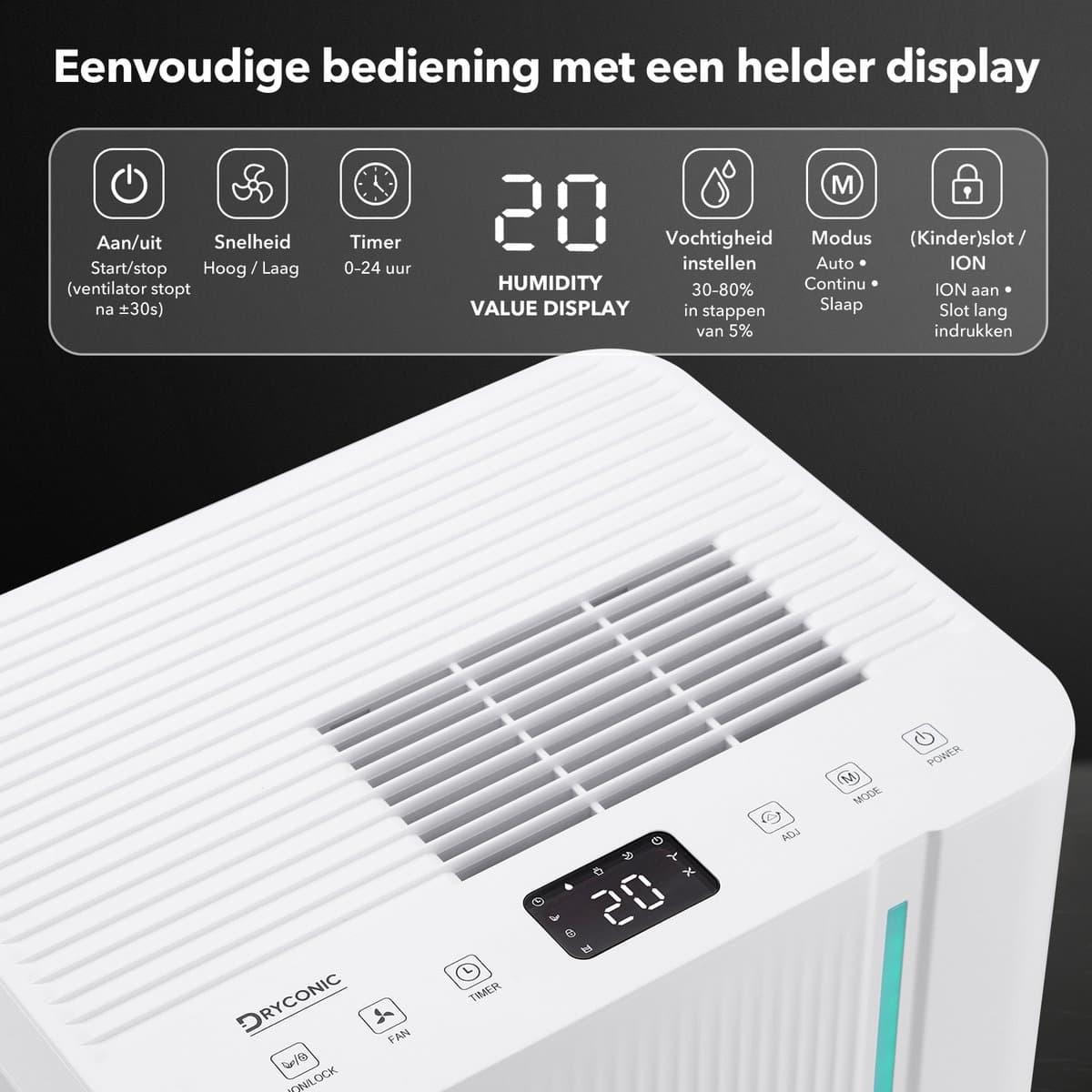 Dryconic Luchtontvochtiger 20L – automatische vochtregeling – 4L tank – drainage – krachtige ontvochtiging thumbnail 4