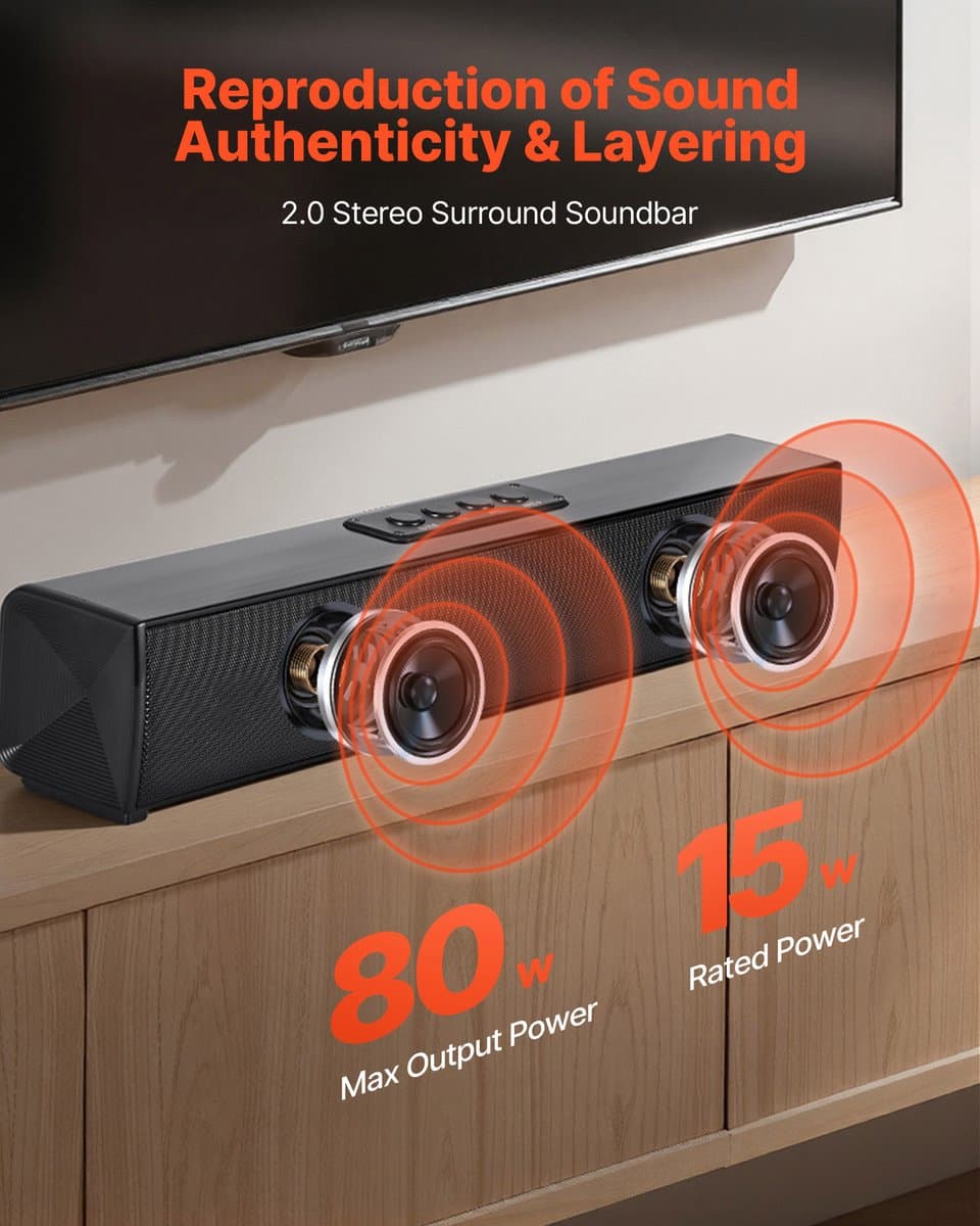 Compacte 17-Inch Soundbar voor Smart TV, 2.0-Kanaals TV-Luidsprekers met Bluetooth- En AUX-Connectiviteit, Afstandsbediening, Eenvoudige Installatie, 80 W Surround-Audiosysteem voor Pc En Thuisbioscoop thumbnail 7