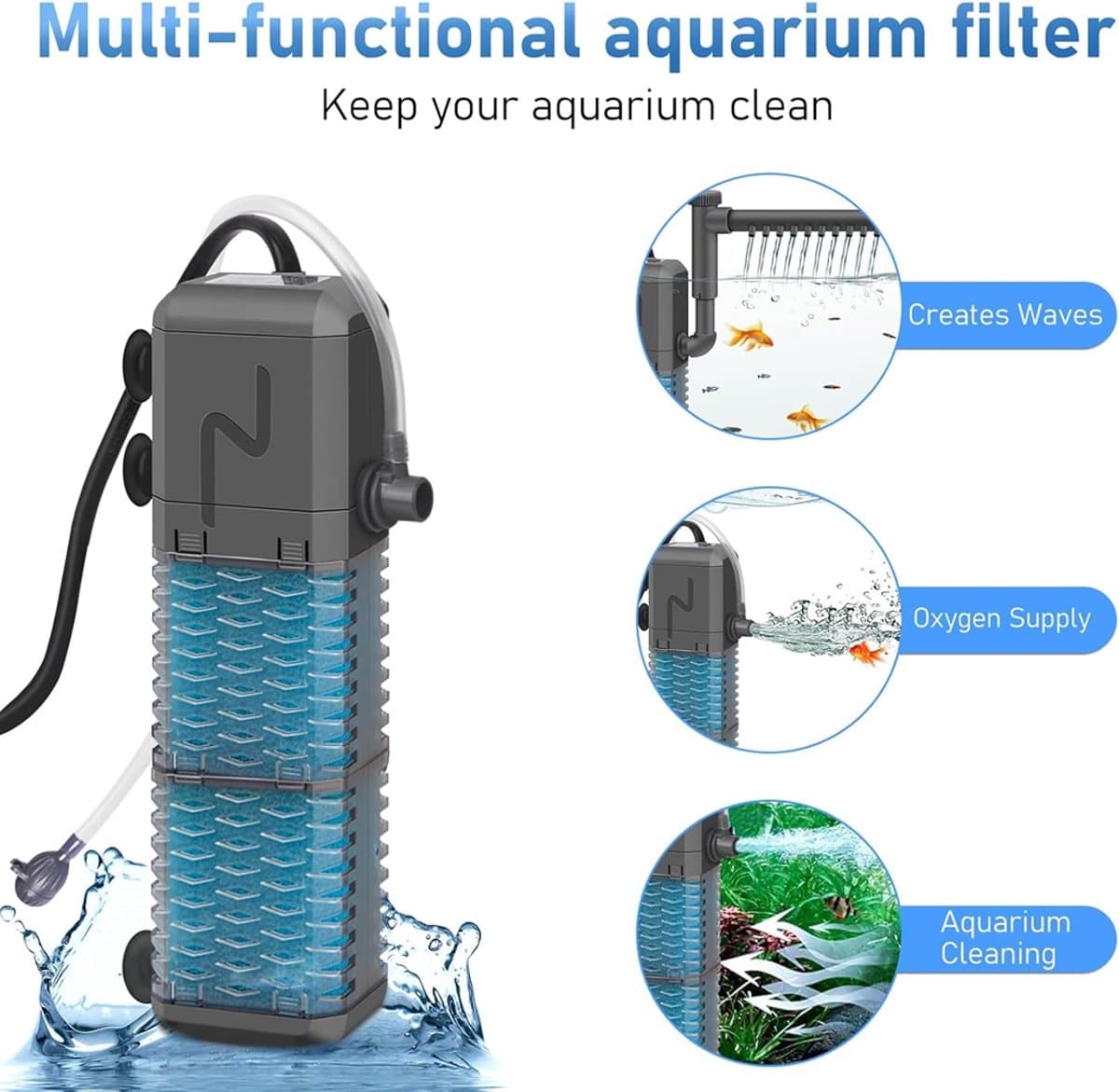 Verstelbare 800L/H Aquariumfilter Pomp - Stille Interne Filter voor Aquaria tot 250L met Spray Bar en Energiezuinige 9W Motor thumbnail 5