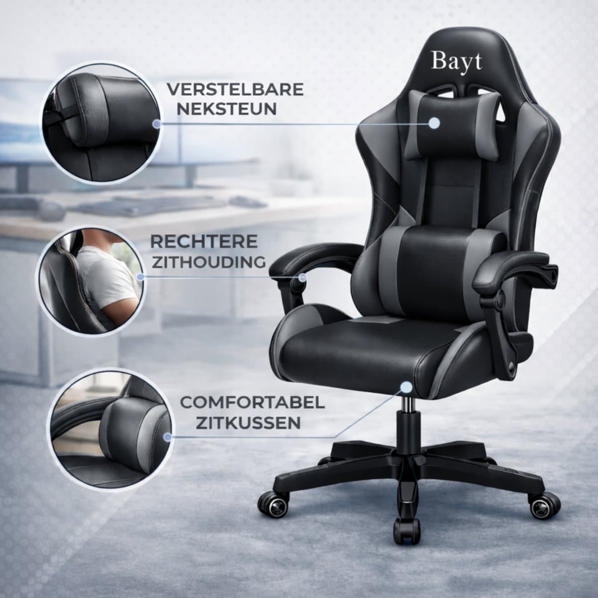 Bayt Gamestoel - Gaming Chair - Gamingstoel - Ergonomische Bureaustoel - Zwart - Verstelbaar thumbnail 2