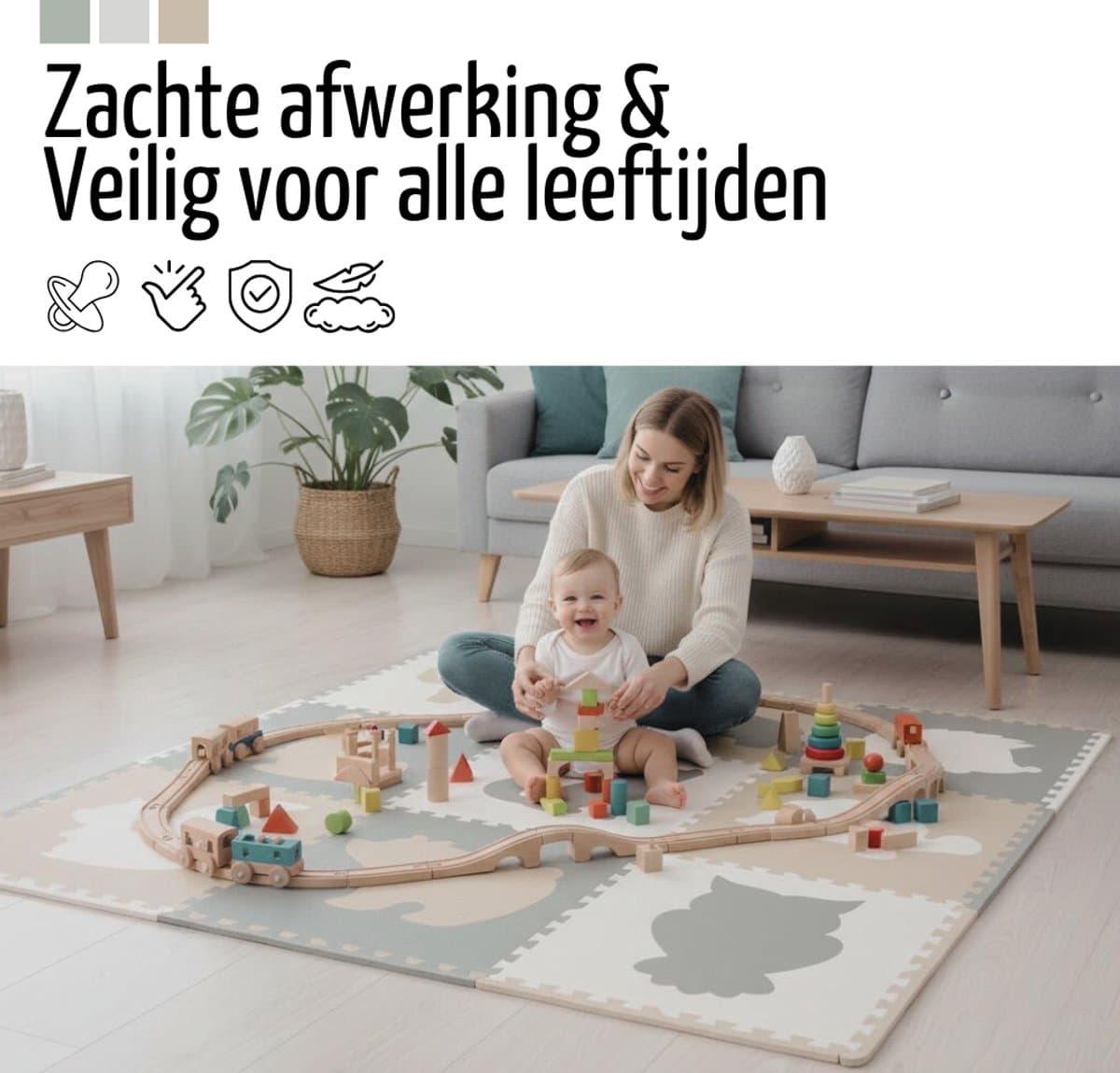 Roosly Speelmat Baby - Speelkleed Baby - babygym - kruipmat - playmat - Foam vloerpuzzel 180 x 180 cm - Inclusief Opbergtas - speelgoed - Veilig & Zacht - Pastel beige & groen thumbnail 8