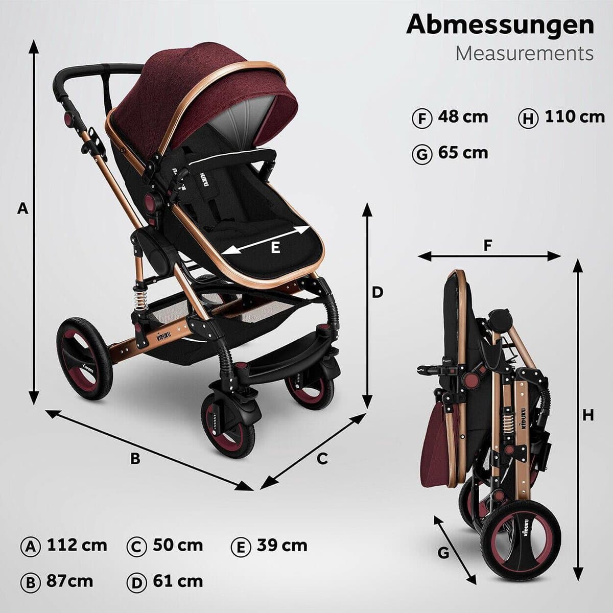 KIDUKU- 3 in 1 combi-kinderwagen- bordeaux- zwart-goud- buggy incl. autostoeltje-regenhoes- inklapbaar thumbnail 8