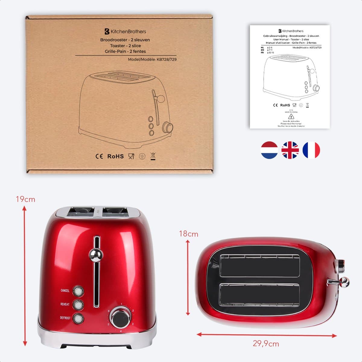 KitchenBrothers Retro Broodrooster - Toaster - 6 Warmteniveaus - 2 Extra Brede Sleuven - BPA-vrij - 815W - Rood thumbnail 5