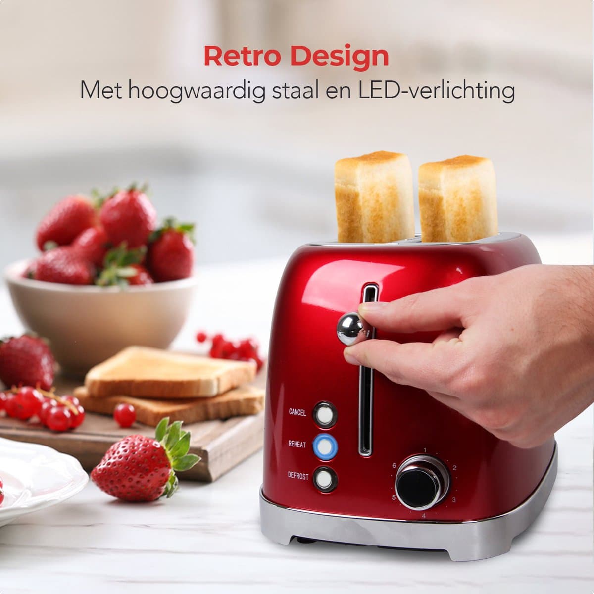 KitchenBrothers Retro Broodrooster - Toaster - 6 Warmteniveaus - 2 Extra Brede Sleuven - BPA-vrij - 815W - Rood thumbnail 6