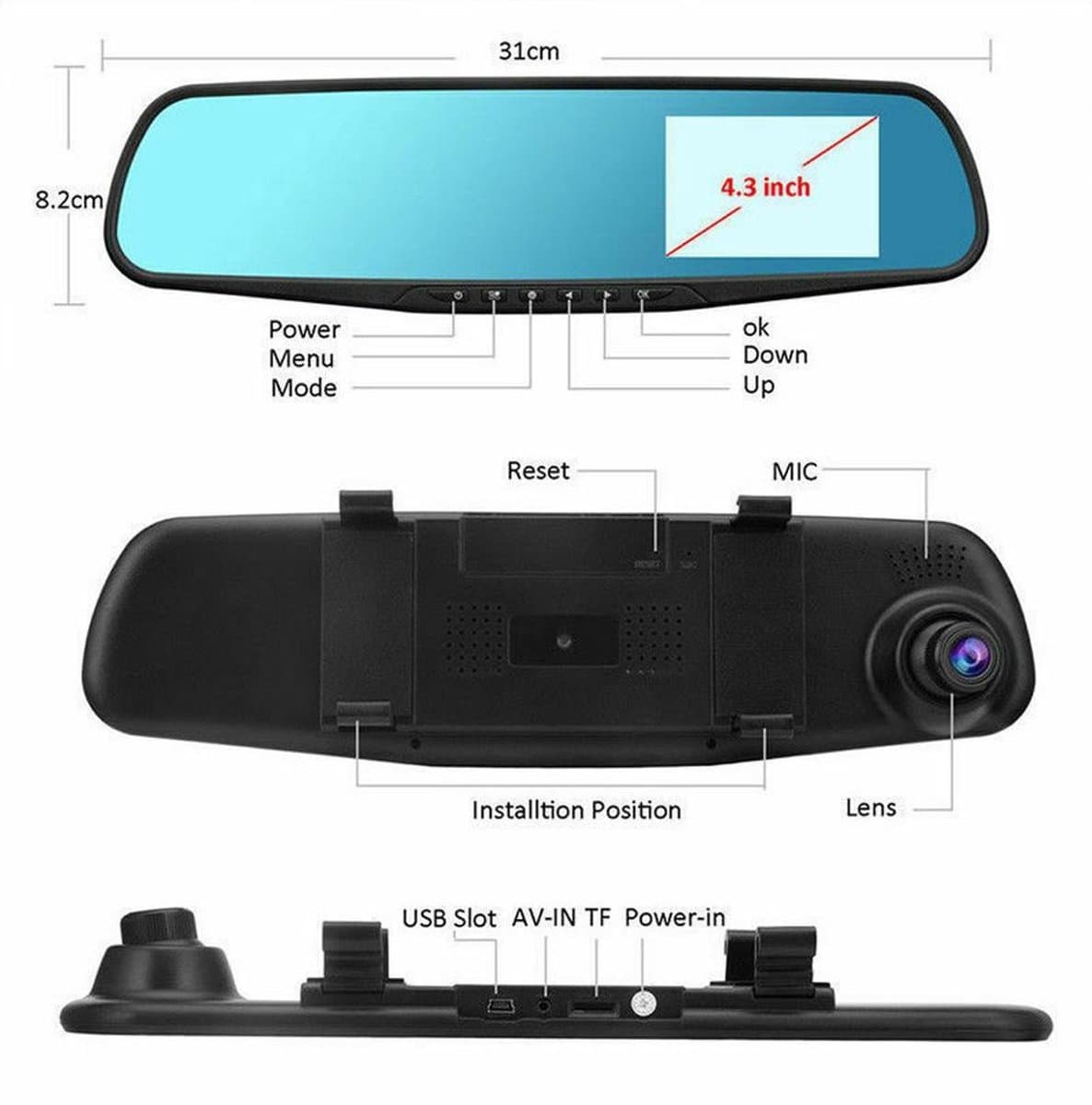 TechU™ Dashcam Voor en Achter Camera – M31 Zwart – Dashboardcamera – 4.3” Scherm & 12.2” Spiegel – G-sensor – Bewegingssensor – Loop recording – Nachtvisie – 130° Wijdhoeklens – Incl. Achteruitrijcamera - voor auto thumbnail 3