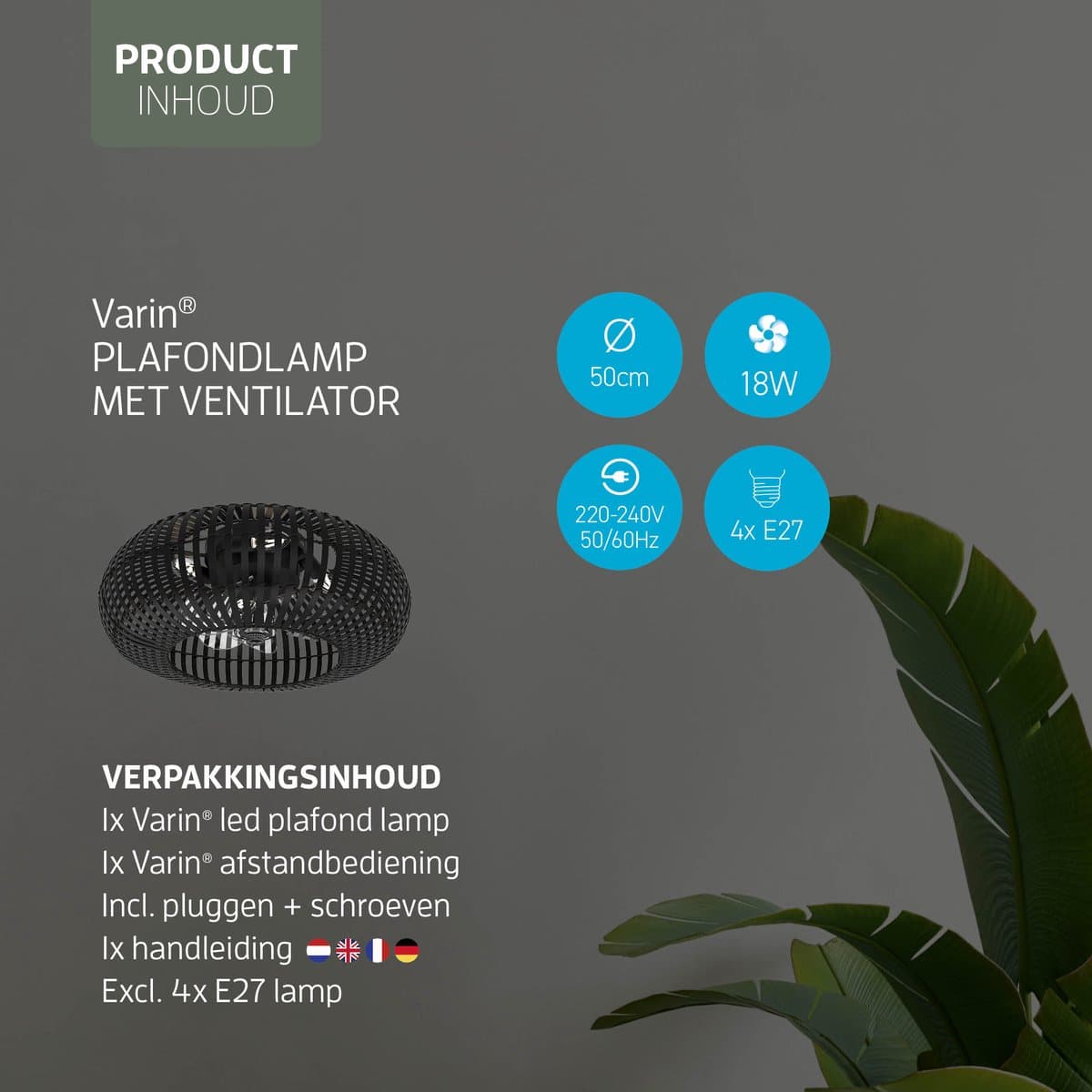 Varin® Smart Plafondlamp met ventilator - Bamboe Zwart - Tuya Wifi - Ø 50cm - Plafondventilator met verlichting - Smart lamp slaapkamer - Plafonniere kinderkamer - Plafondlampen industrieel - Plafond lamp - Afstandsbediening - Plafond met ventilator thumbnail 7