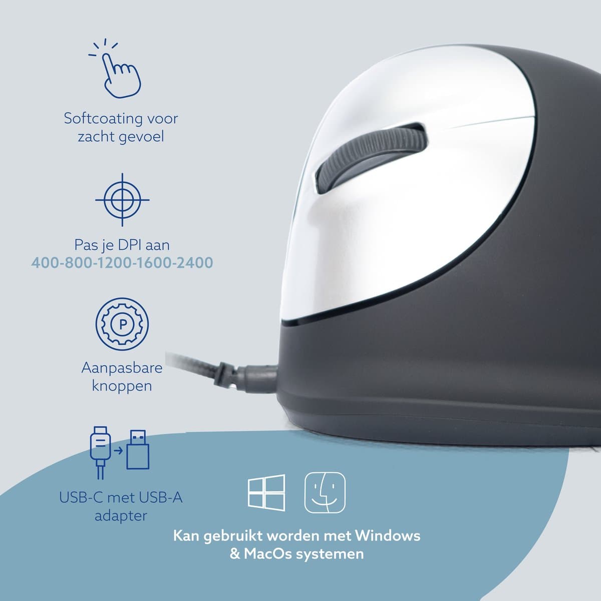 R-Go HE - Ergonomische Muis voor Linkshandig - Break software - USB - Verticaal - Zwart thumbnail 2