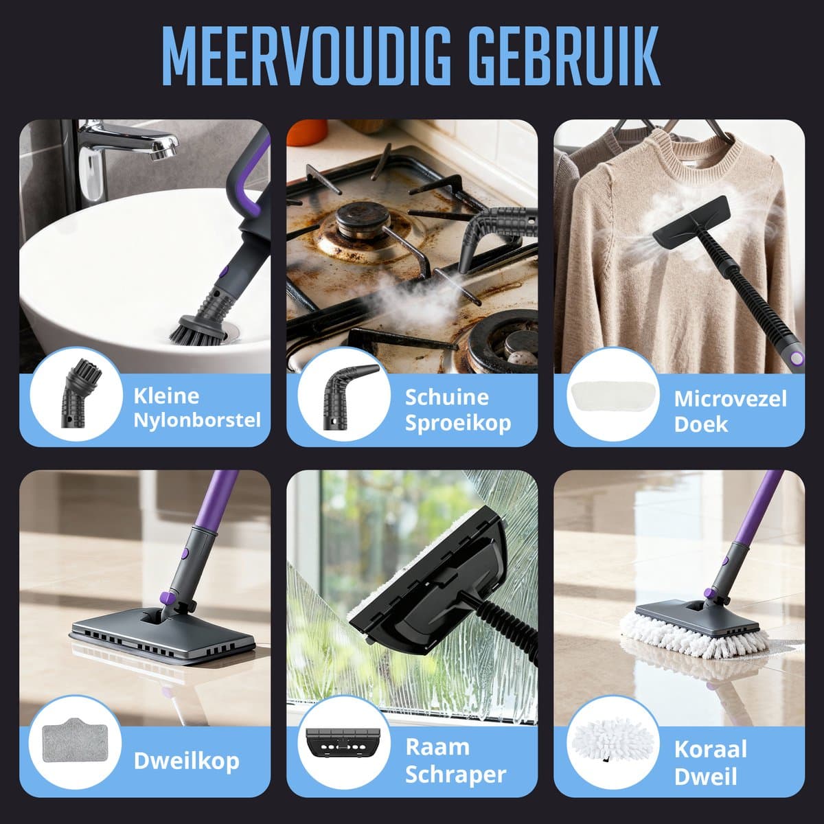 Cleanova 16-in-1 Stoomreiniger - Vlekkenreiniger - Handstomer voor diepte reiniging vloer, bank, badkamer en tapijt - Stoomdweil - Tapijtreiniger - extra lang 7 meter netsnoer - Steam Cleaner Zwart / Paars thumbnail 4