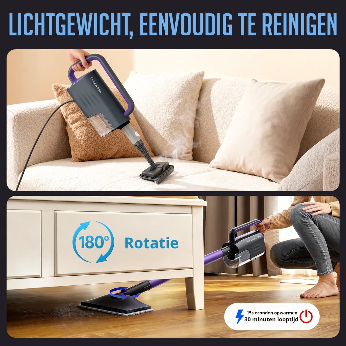 Cleanova 16-in-1 Stoomreiniger - Vlekkenreiniger - Handstomer voor diepte reiniging vloer, bank, badkamer en tapijt - Stoomdweil - Tapijtreiniger - extra lang 7 meter netsnoer - Steam Cleaner Zwart / Paars thumbnail 5