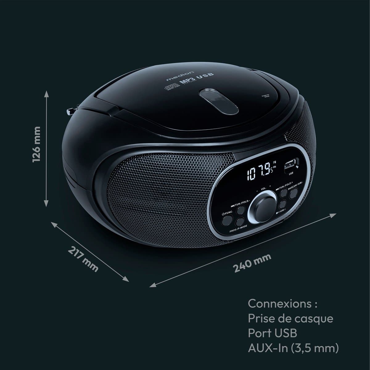 MEDION draagbare boombox E65711, CD/MP3-speler, FM, AUX, werkt op batterijen, zwart thumbnail 3