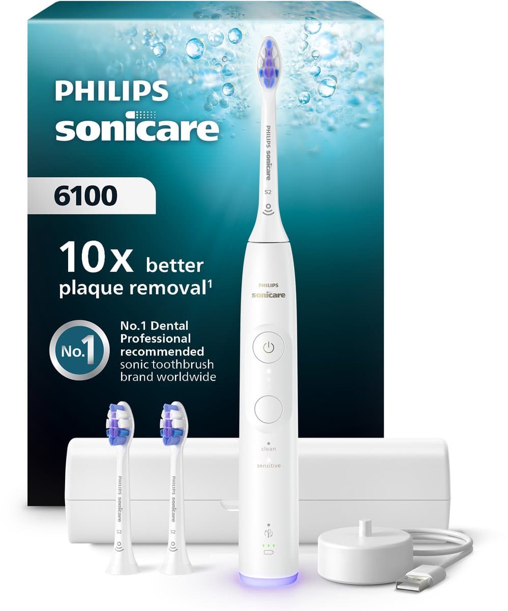 Philips Sonicare 6100 White HX7400/02 – Elektrische Tandenborstel met Reisetui - 2 Poetsstanden en Zichtbare Druksensor – Beste Getest bij Gevoelig Tandvlees en Gevoelige Tanden - Met 3 Sensitive Opzetborstels