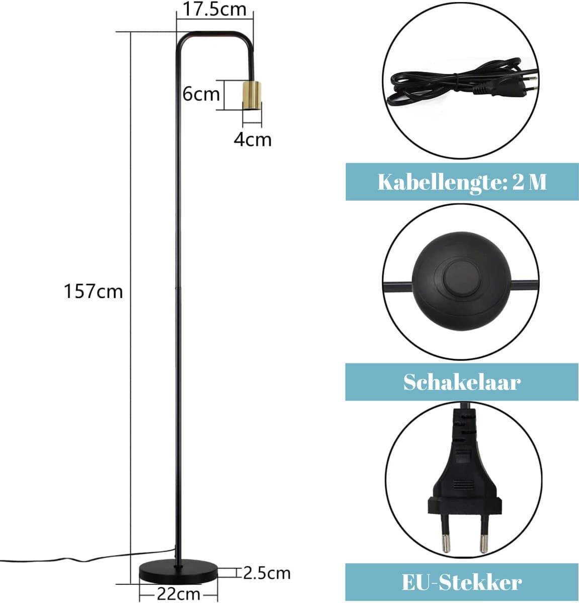 Glitzerlife - Vintage Vloerlamp - Industrieel Design Staande Lamp Zwart Goud Metaal - Met Voetschakelaar, Exclusief Lichtbron - Voor Woonkamer Slaapkamer Kantoor thumbnail 5
