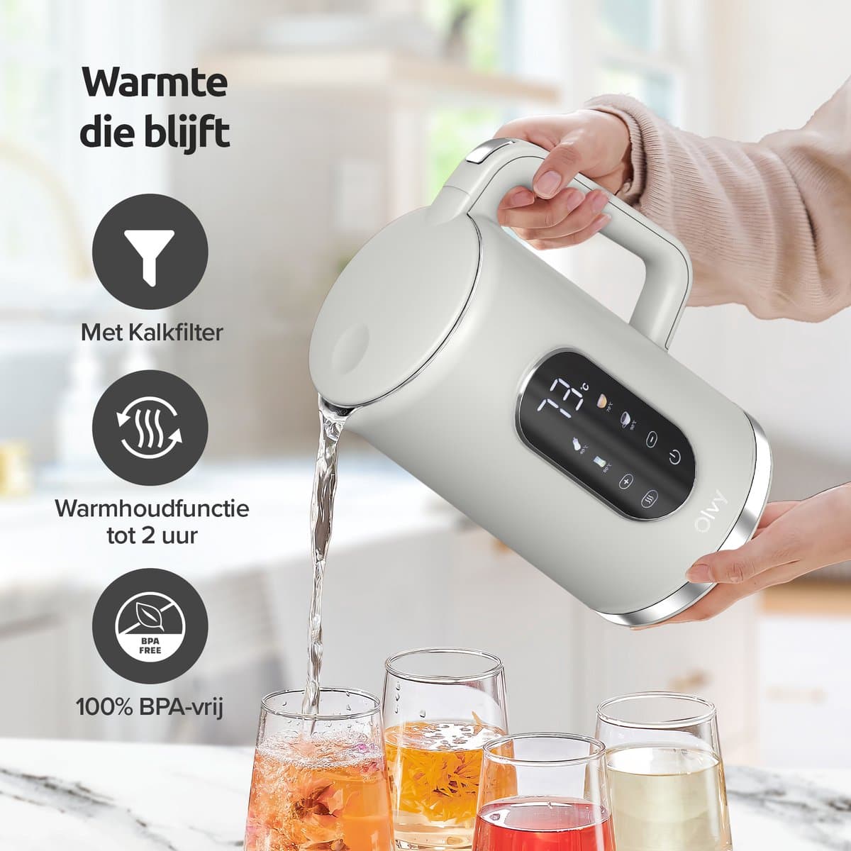 Olvy Waterkoker met Temperatuurregeling - Crème - Warmhoudfunctie - RVS - Dubbelwandig - Elektrisch - 1.7 Liter - 2200W thumbnail 8