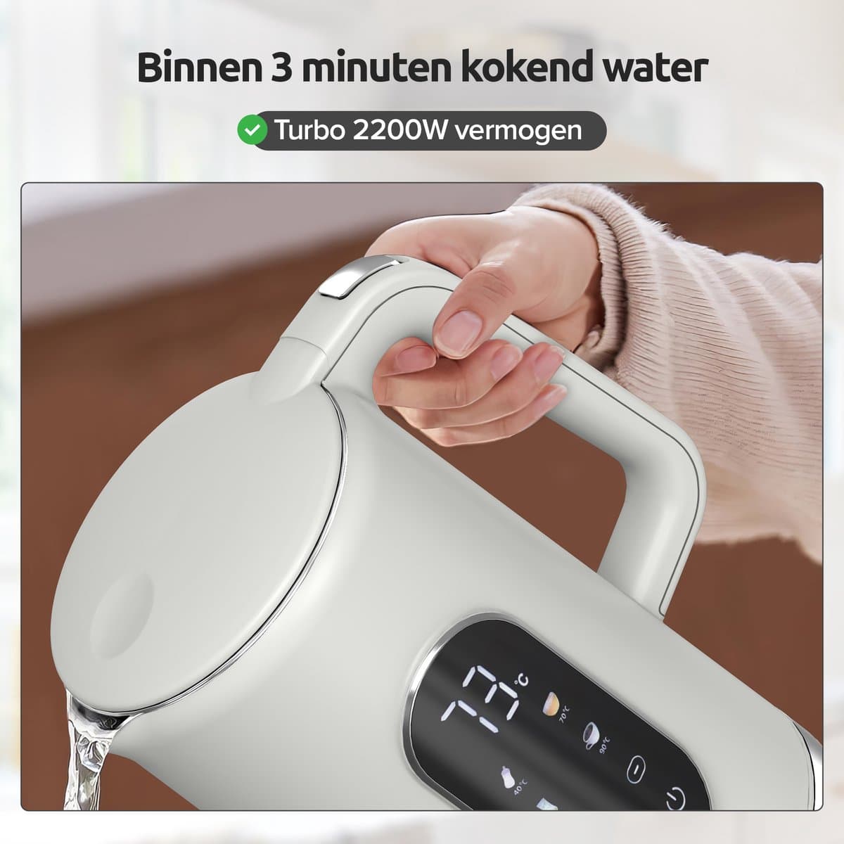 Olvy Waterkoker met Temperatuurregeling - Crème - Warmhoudfunctie - RVS - Dubbelwandig - Elektrisch - 1.7 Liter - 2200W thumbnail 4