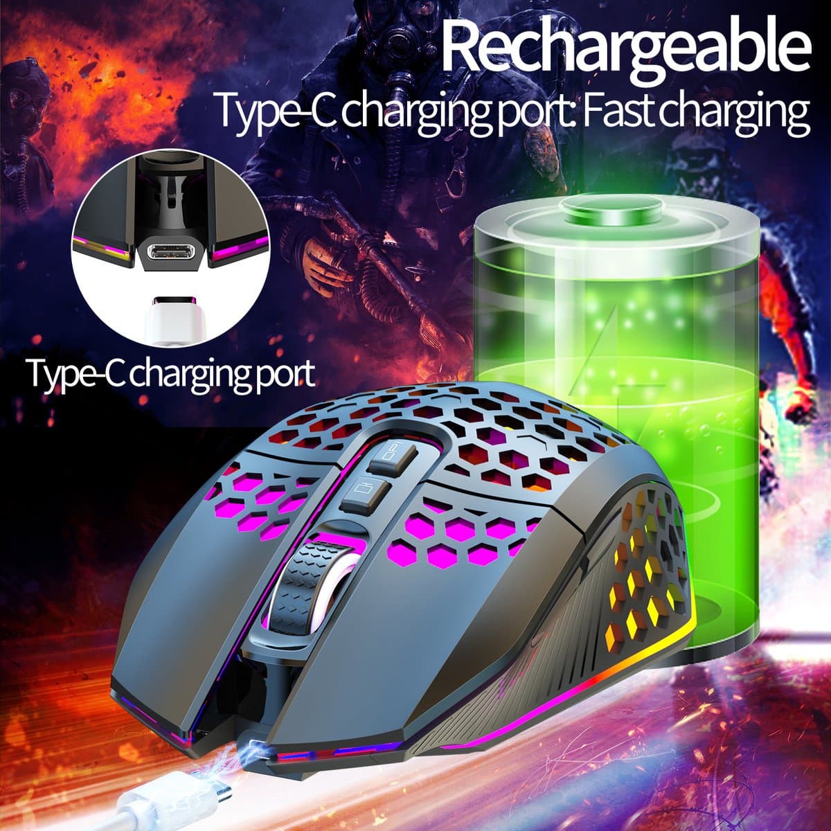 HXSJ T500 Draadloze Gaming Muis - Ultra licht - RGB Verlichting - Licht zwart thumbnail 7