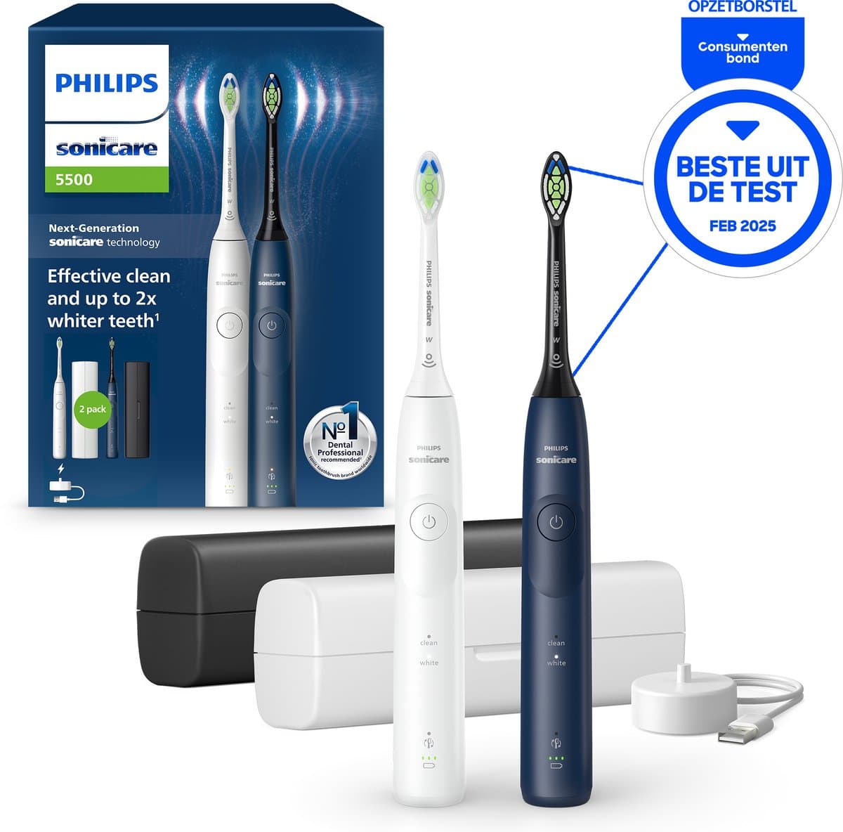 Philips Sonicare 5500 Series - Elektrische Tandenborstels - Wit & Blauw Duopack – 2 Reisetuis - Wittere tanden - HX7119/01 thumbnail 5