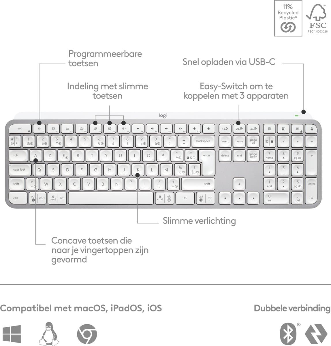 Logitech MX Keys S - Draadloos Toetsenbord - Qwerty - Pale Grey thumbnail 7