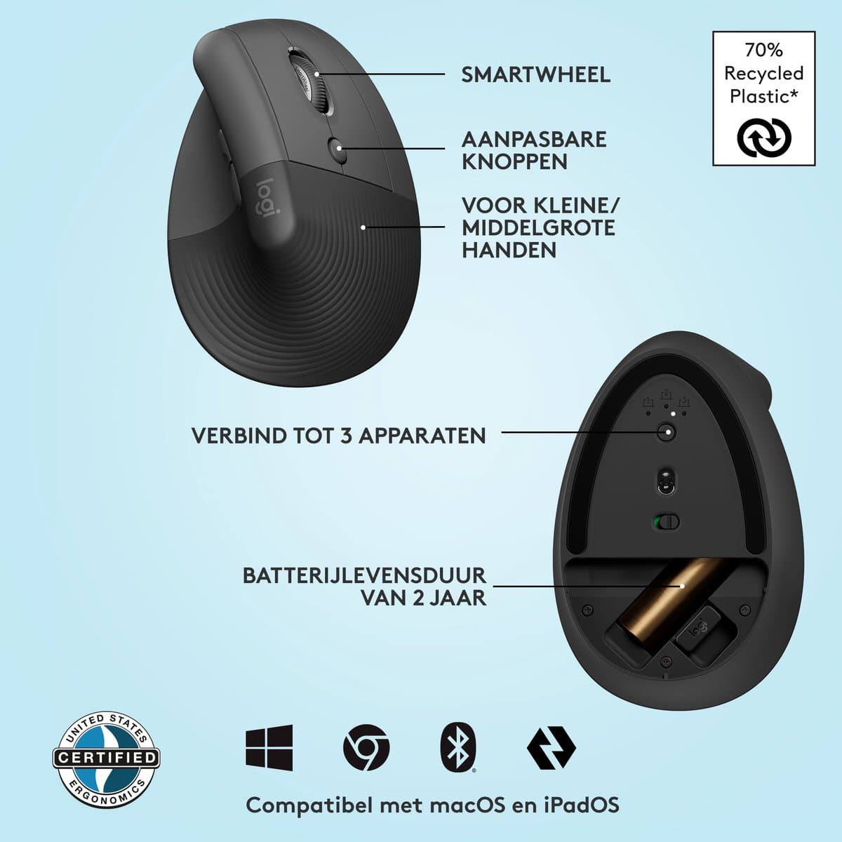 Logitech Lift - Verticale ergonomische muis - Rechtshandig - Donkergrijs thumbnail 7