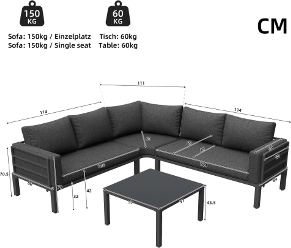 Tuinmeubelset (4-5 zitplaatsen), 1 salontafel van gehard glas, gegalvaniseerd ijzeren frame, comfortabel tuinmeubilair, grijze zitkussens en kussens, met verstelbare poten thumbnail 2
