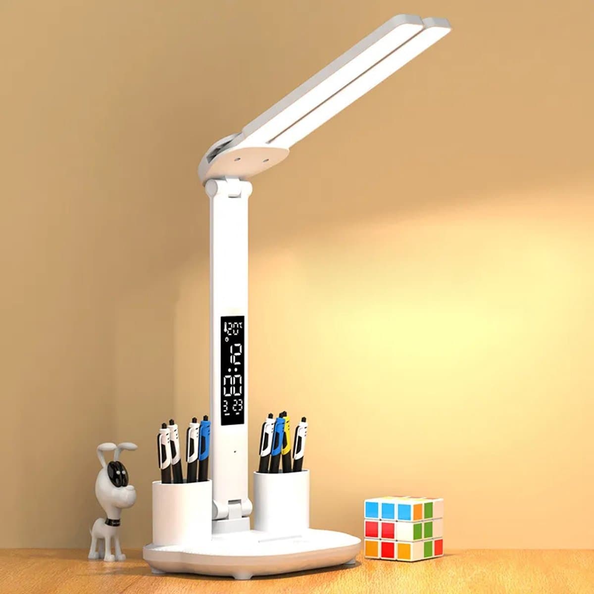 LED Bureaulamp met Dubbele Kop, Vouwbaar Touchscreen, Kalender & Klok, USB Aansluiting – Ideaal voor Bureau & Leeslamp thumbnail 5