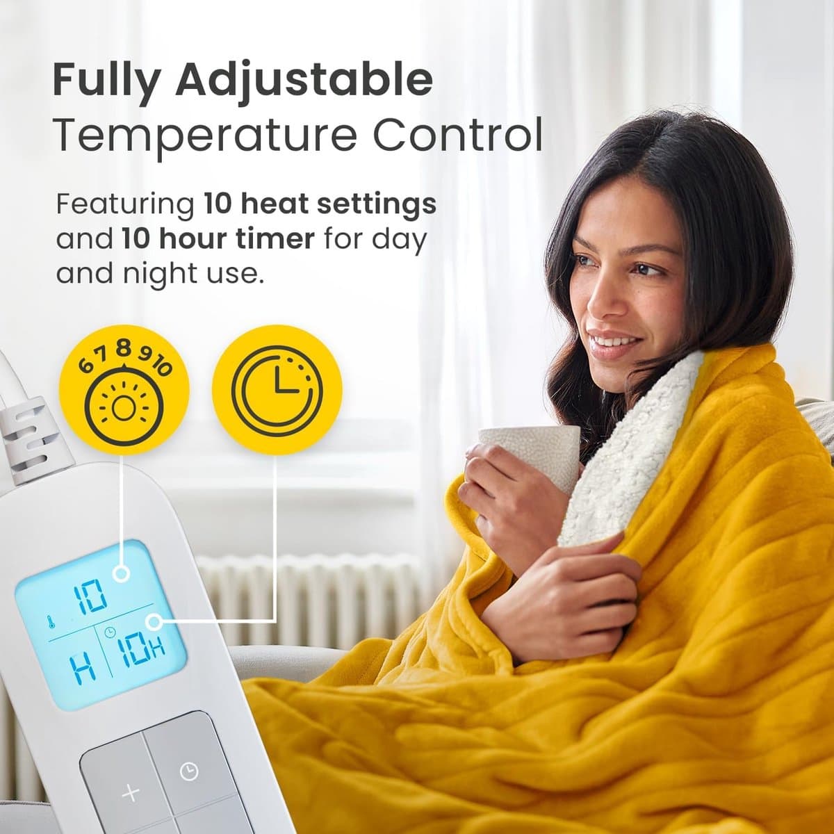 Cosi Home – Elektrische Deken – Luxe Fleece en Sherpa Wol - 180 x 130 cm Warmtedeken met 10 Warmtestanden, 10-Uurs Timer en Oververhittingsbeveiliging – Machinewasbaar – Mosterd thumbnail 6