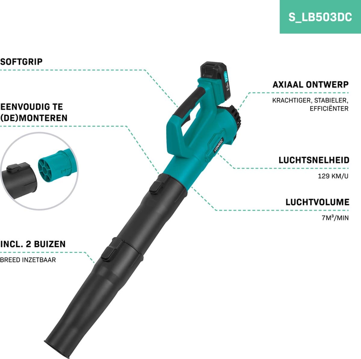 VONROC TurboJet Bladblazer 20V - Axiaal design: zeer krachtig, hoog rendement - Luchtvolume 420m3/uur - Incl. 2.0Ah Accu en snellader thumbnail 4