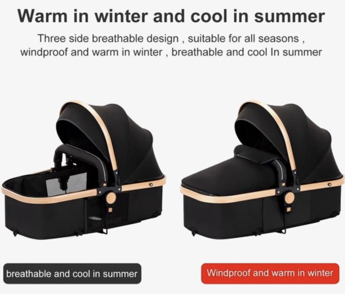 Luxe 3-in-1 Kinderwagen - Autostoeltje - Buggy - Reiswieg - Inklapbaar - 0-36 Maanden - Zwart/Goud thumbnail 5