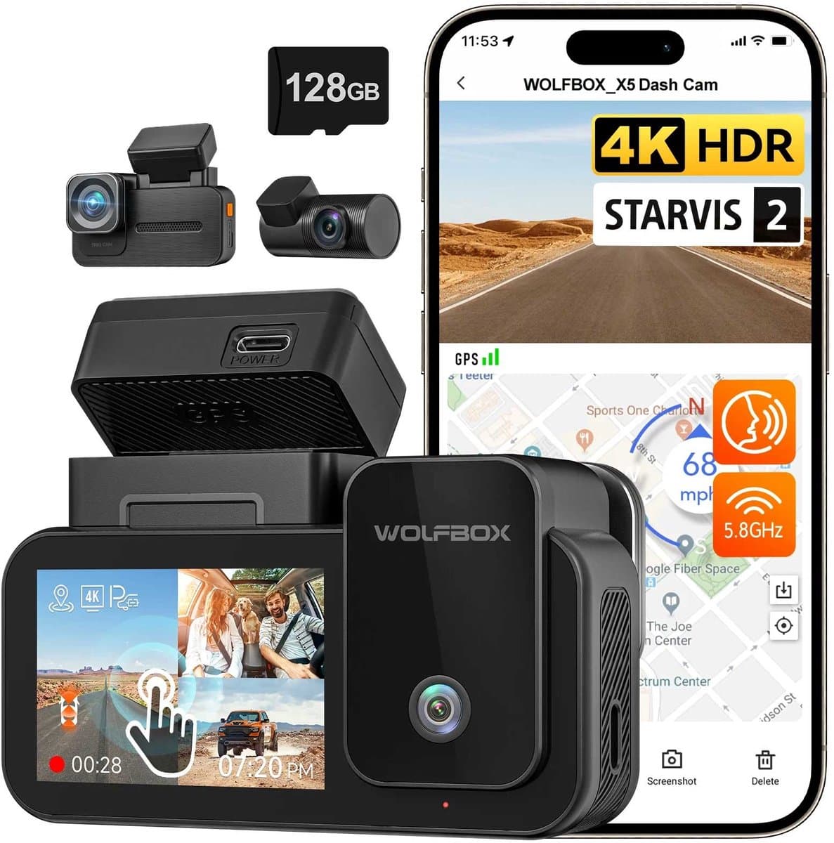 Wolfbox X5 Touch 3CH 4K Wifi Gps 128gb dashcam - Camera voor + achter + interieur - 2,35 inch touchscreen Lcd - Wifi en Gps - Parkeermodus - 4K resolutie - 128gb Micro SD kaart - dashcam voor auto thumbnail 5