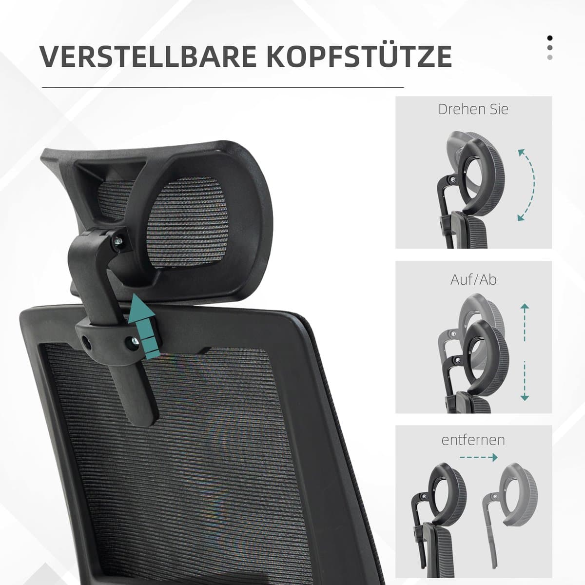 Vinsetto Bureaustoel Ergonomisch, Bureaustoel met Verstelbare Hoofdsteun, Armleuning Hoogte Verstelbare Computerstoel Draaistoel met Schommelfunctie, Lendensteun, Mesh, Zwart thumbnail 8