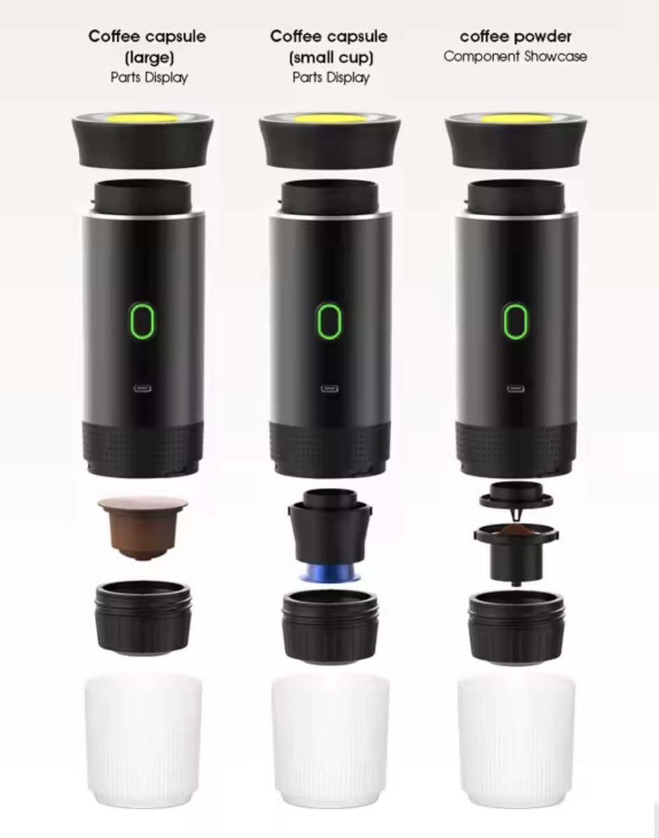 Draagbaar Koffiezetapparaat voor Onderweg - Draadloos voor in de Auto - 12 Volt - Espresso - Nespresso - Dolce Gusto - Capsule Koffie - Gemalen Koffie - Cups - Oplaadbaar - Draagbare Koffiemachine - Zwart thumbnail 2