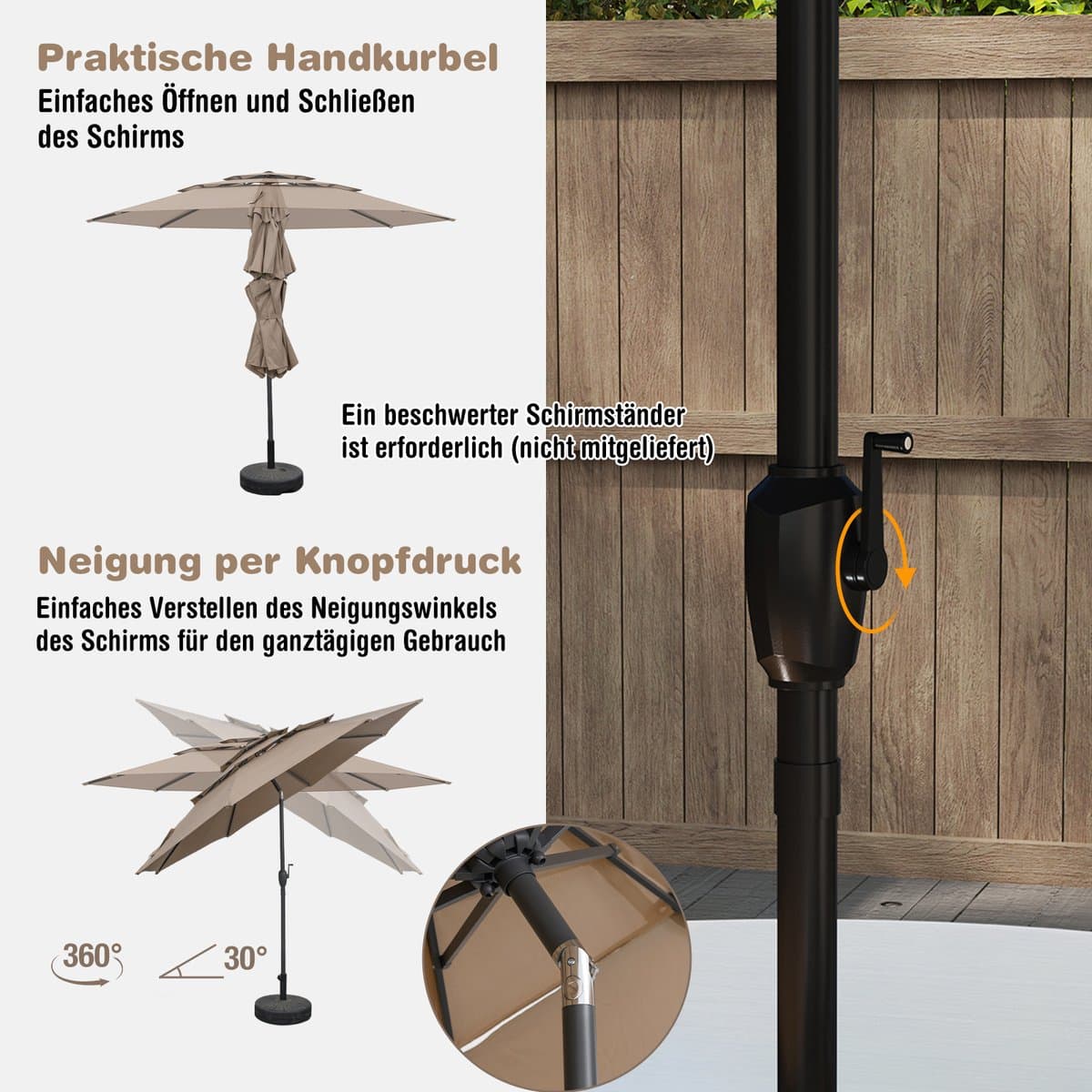 COSTWAY Parasol, windbestendig, stabiel, 300 cm tuinparasol met zwengel, aan beide zijden 45° knikbaar, uv-bescherming, zonwering, terrasparasol, geventileerd, marktscherm voor terras, tuin, balkon thumbnail 7