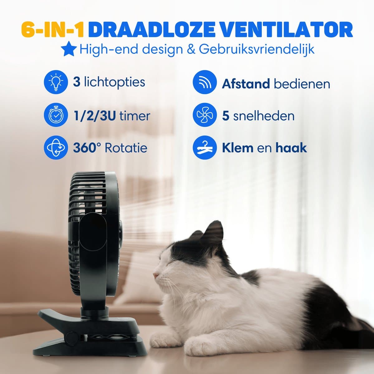 Vulpes Goods® Tech - Tafelventilator MAX - Ventilator - Oplaadbaar & Draadloos - Stille USB Ventilator met Afstandsbediening - 5 Snelheden & Verlichting - Ultra Stil - 12000 mAh & Powerbankfunctie - Zwart thumbnail 7