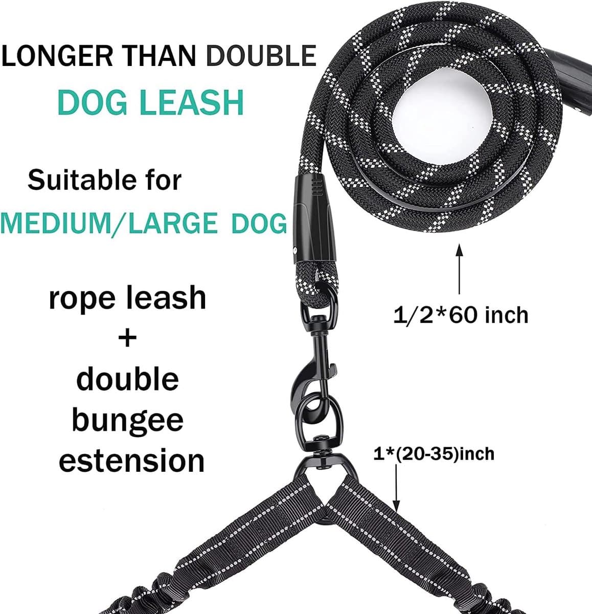 Dubbele hondenriem - Klitvrij - Intrekbare elastische nylon hondenriem - Reflecterende band en gevoerde handgreep - Voor twee honden - Wandelen - Oefening (zwart) thumbnail 2