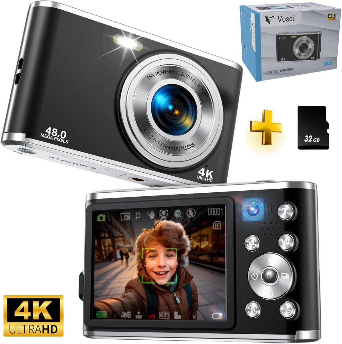 Vosoi Digitale Camera - Fotocamera - Fototoestel - Vlog Camera - Compact Camera - 48MP & 4K Ultra HD - Voor Kinderen - Selfie Camera - 2,8 inch LCD Scherm - Inc. 32GB
