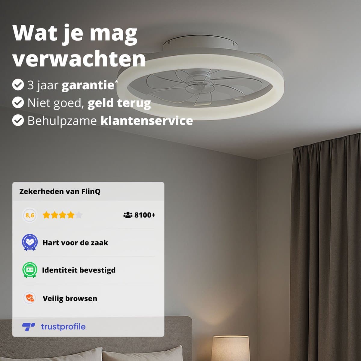 FlinQ AeroGlow Smart Plafondventilator met Verlichting - Ventilator voor aan het Plafond - Ideaal voor op de Slaapkamer - Bestuurbaar met App of Afstandsbediening - Wit thumbnail 5