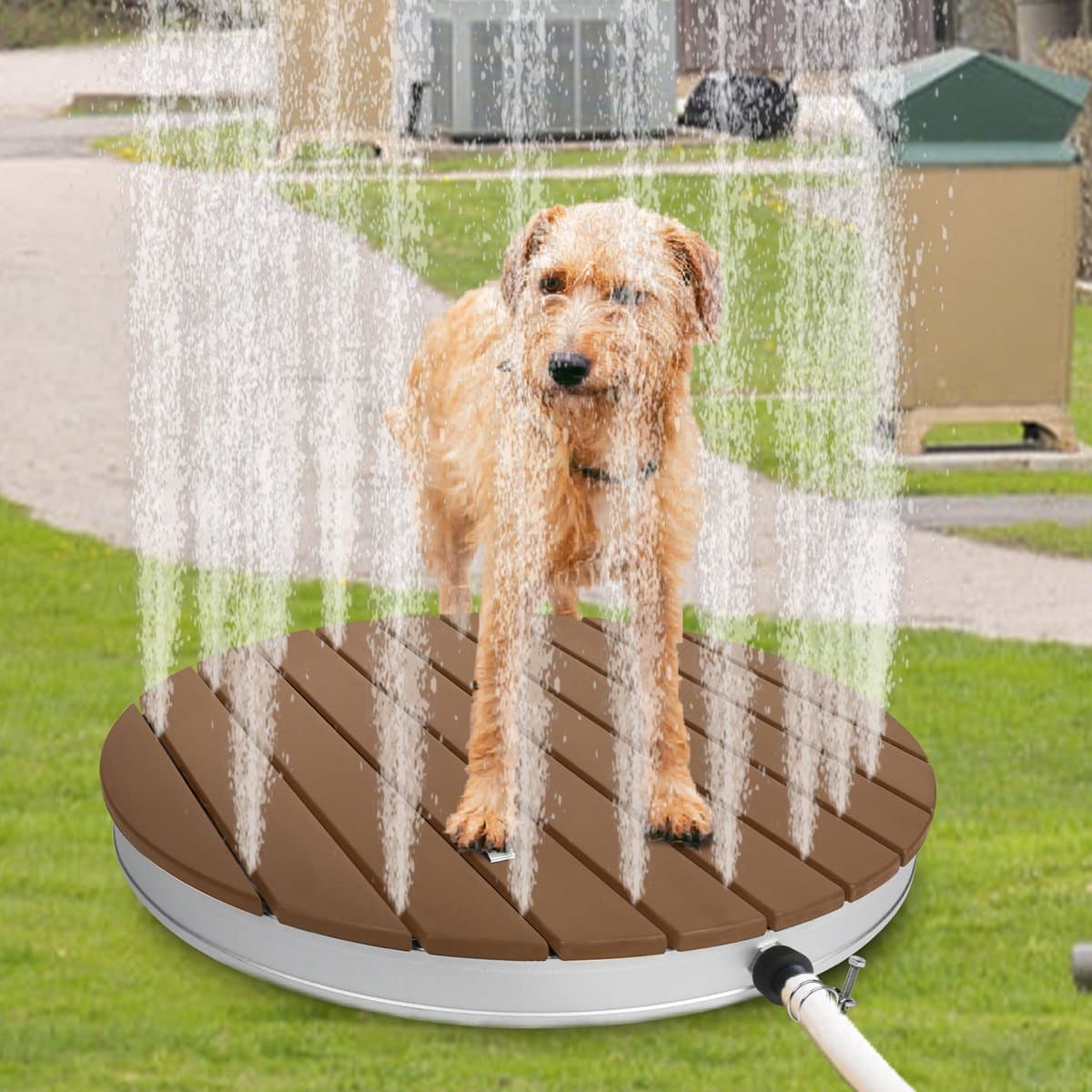 Tuindouche Vloerdouche Buitendouche Campingdouche Aluminium/WPC Saunadouche Rond Ø 70 cm Fonteinhoogte tot 4 m Antislipvoet Weerbestendig Houtlook voor Tuin Zwembad Douche Bruin thumbnail 6