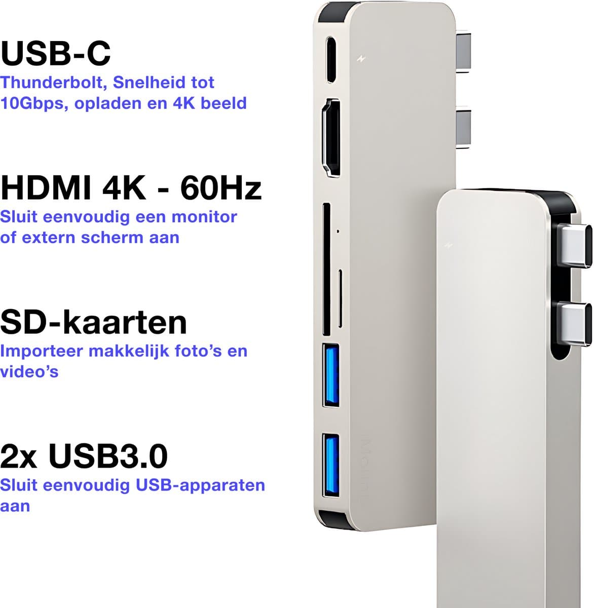 iMounts MacBook Air usb-c hub - HDMI - USB3.0 - SD reader - M2/M3/M4/M5 - Starlight / Sterrenlicht thumbnail 4