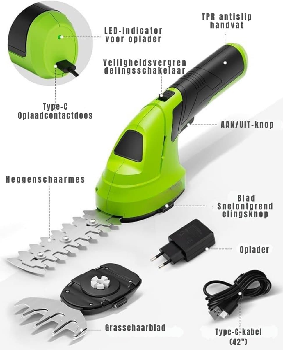 Zylo® Grasschaar - Grasschaar met Accu - Grasschaar met Steel - 28 x 12 x 9 cm; - Groen thumbnail 2